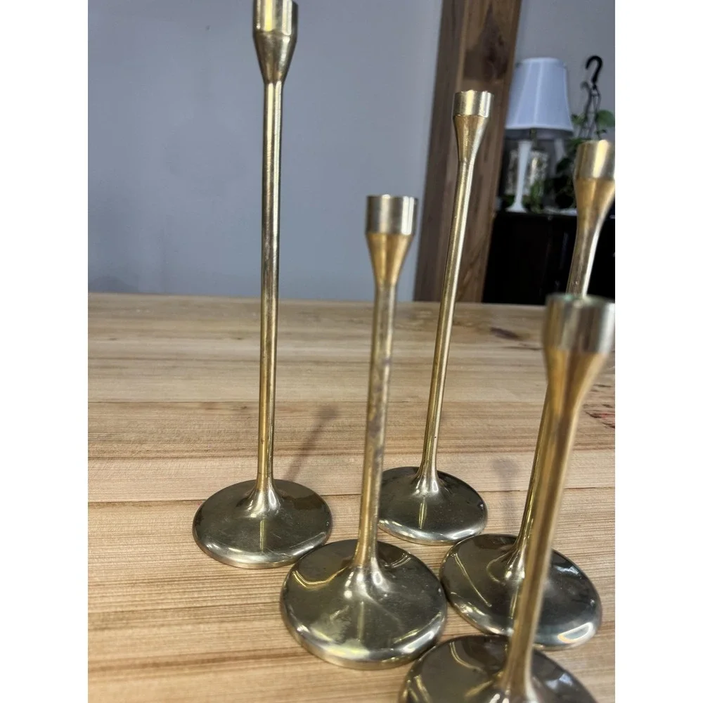Brass & Copper Collection Cobalt Candlestick‎ Holders Set 5 Gold MCM Vintage